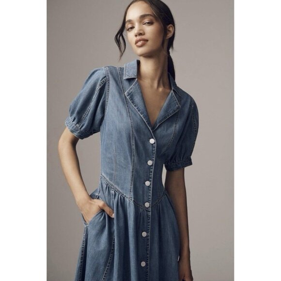 Anthropologie Pilcro Short-Sleeve Denim Midi Shirt Dress Western Festival 6P - Picture 10 of 10